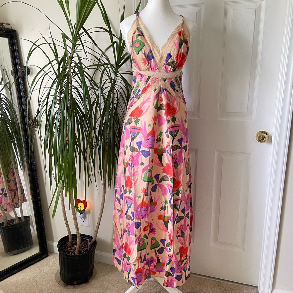 Farm Rio Sand Fairies Lace Trim Slip Midi Dress NWT Medium Beige Pink - Picture 6 of 16